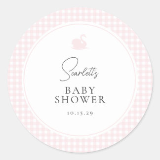 Modern Pink Gingham Swan Baby Shower Classic Round Sticker