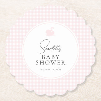 Modern Pink Gingham Swan Baby Shower Coaster 