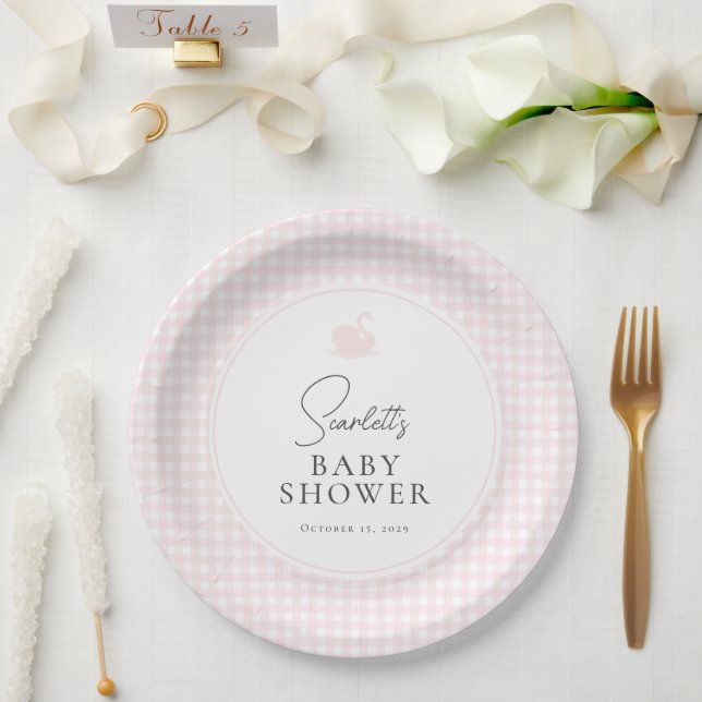Modern Pink Gingham Swan Baby Shower  Paper Plates (Wedding)