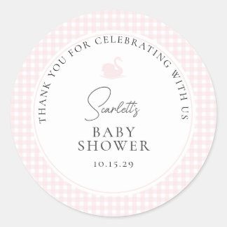 Modern Pink Gingham Swan Baby Shower Thank You Classic Round Sticker