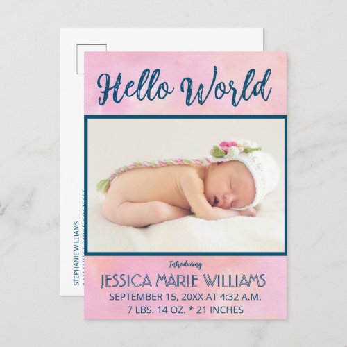 Modern Pink Girl Baby Announcement Photo Postcard