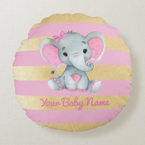 Modern Pink Girl Baby Name Elephant Throw Pillow
