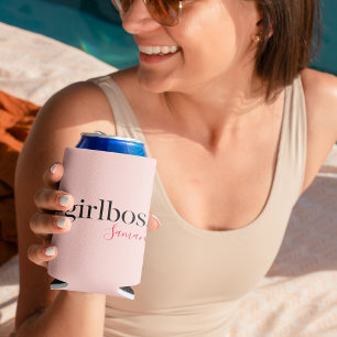 Modern Pink Girl Boss & Name   best Girly Gift Can Cooler