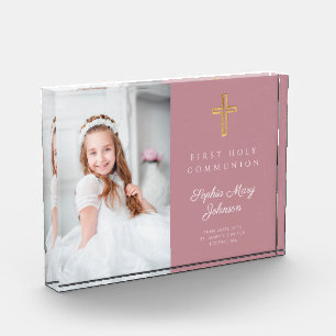Modern Pink Girl First Communion Picture Photo Block