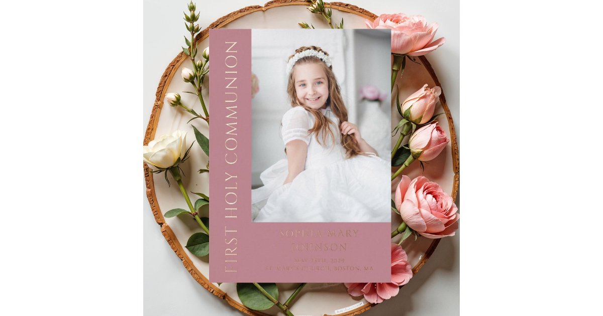 Modern Pink Girl First Holy Communion Photo Foil Invitation | Zazzle