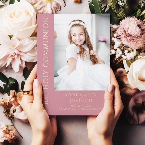 Modern Pink Girl First Holy Communion Photo Foil Invitation