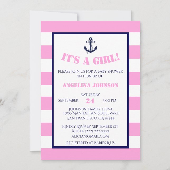 Modern Pink Girl Nautical Baby Shower Invitations (Front)