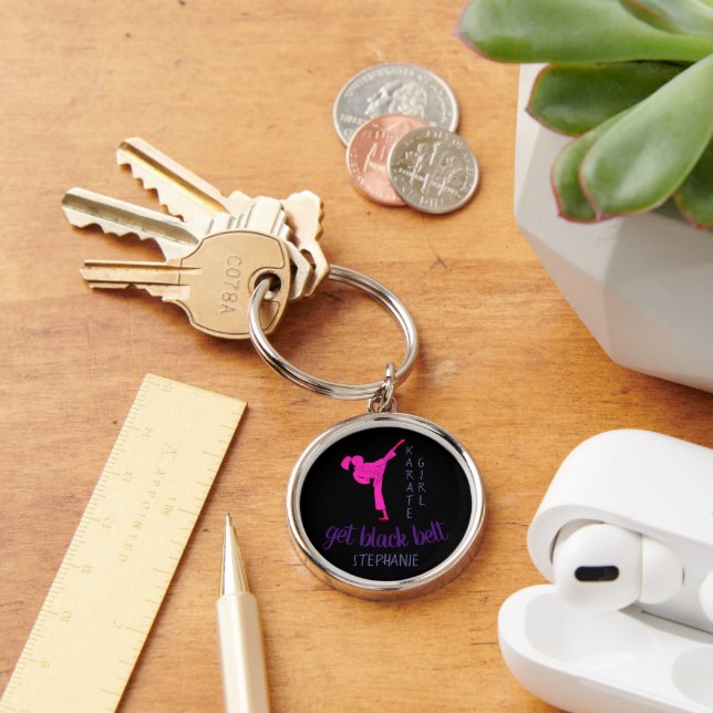 Modern Pink Girl Silhouette Martial Arts Karate Keychain (Desk)