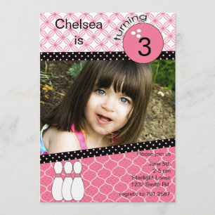 Modern pink girls bowling invitation with photo