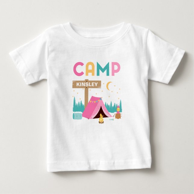 Modern Pink Girls Camping Themed Birthday  Baby T-Shirt (Front)