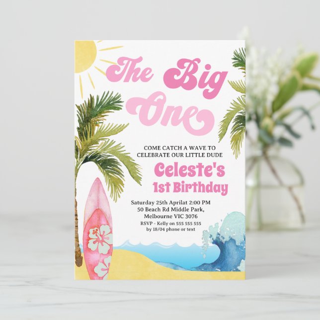 Modern Pink Girls Surf Wave Big One 1st Birthday  Invitation (Standing Front)