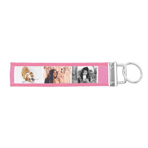 Modern Pink Girly 3 Photo Collage Monogram Wrist Keychain