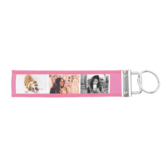 Modern Pink Girly 3 Photo Collage Monogram Wrist Keychain (Keys on Right)