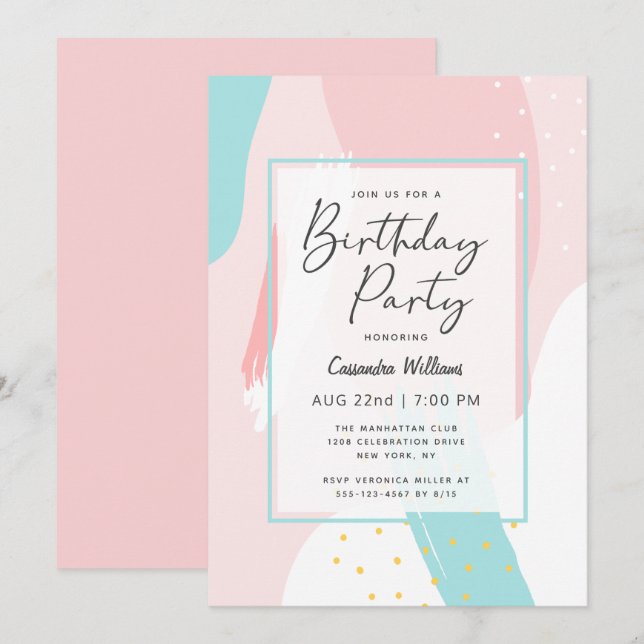Modern Pink Girly Abstract Birthday Party for Her Invitation (Front/Back)