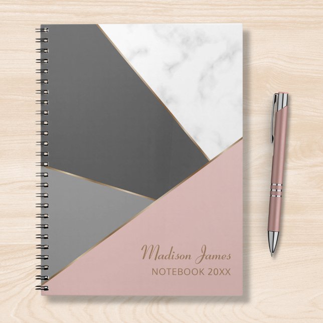 Modern Pink Girly Chic Marble Personalized Name Notebook (Creator Uploaded)