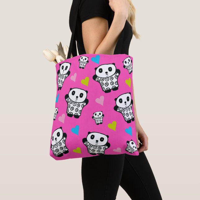 Modern Pink Girly Cute Kawaii Panda Bear Hearts Tote Bag (Close Up)