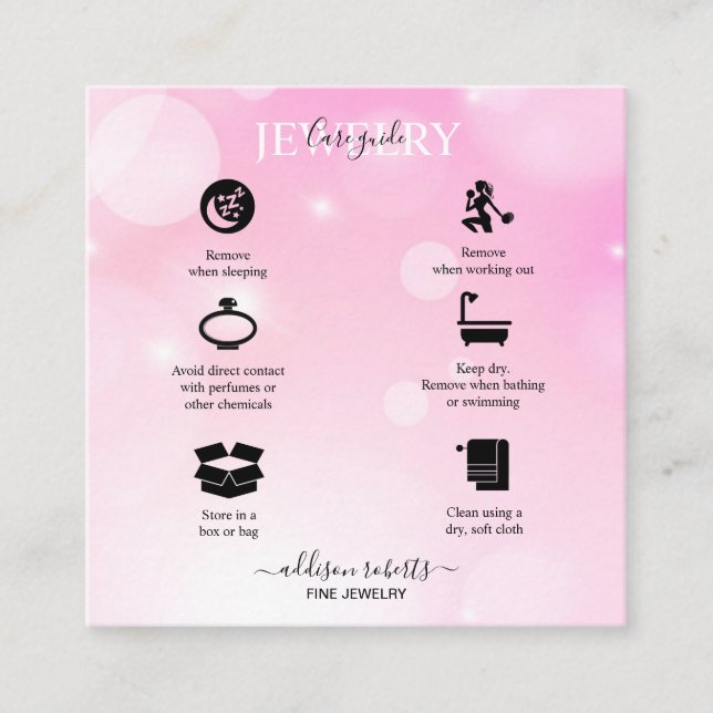 Modern Pink Girly Gradient Jewelry Care Square Bus Square Business Card (Front)