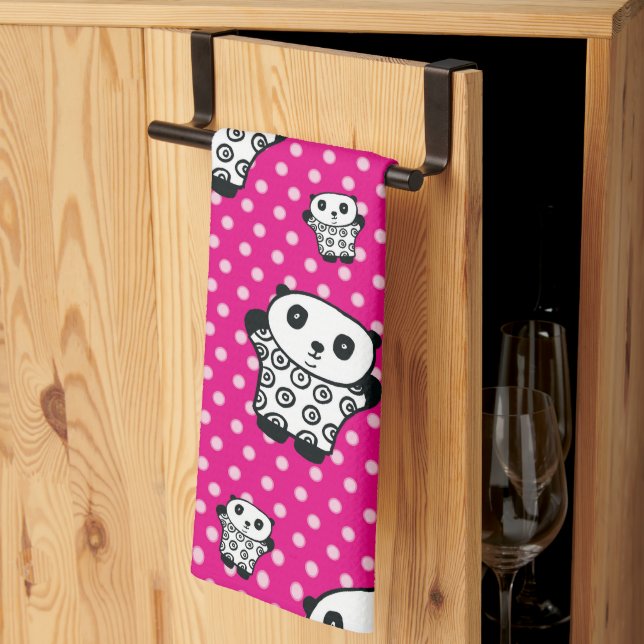 Modern Pink Girly Kawaii Cute Panda Bear Kitchen Towel (Thirds Fold)