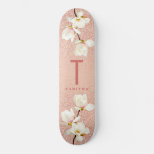 Modern pink girly monogram personalized magnolia skateboard