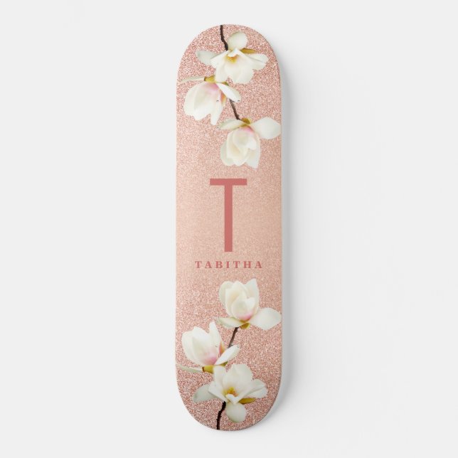 Modern pink girly monogram personalized magnolia skateboard (Front)
