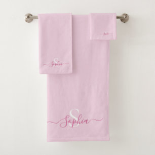 Modern Pink Girly Monogram Stylish Script Name Bath Towel Set