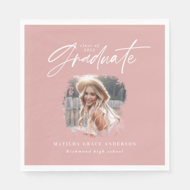 Modern pink girly script photo elegant graduation napkins (Front)