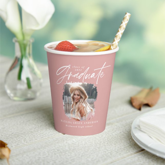 Modern pink girly script photo elegant graduation paper cups (Insitu)