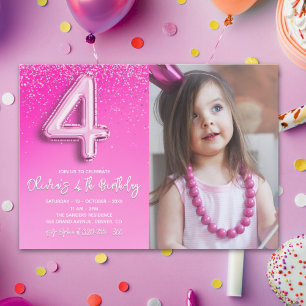 Modern Pink Glitter Balloon 4th Birthday Photo  Invitation