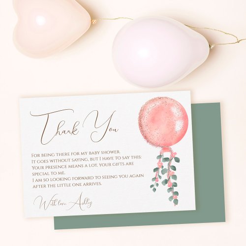 Modern pink glitter balloon baby shower thank you card