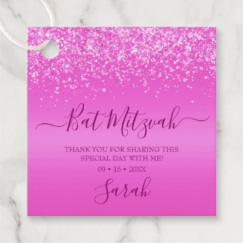 Modern Pink Glitter Bat Mitzvah Thank You Favor Tags