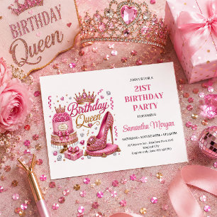 Modern Pink Glitter Birthday Queen Party Invitatio Invitation