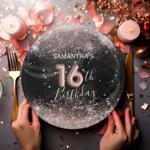 Modern Pink Glitter & Black 16th Birthday Paper Plates