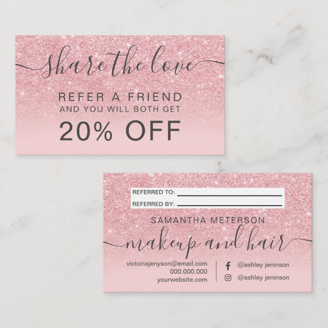 Modern pink glitter blush ombre professional referral card (Front/Back)