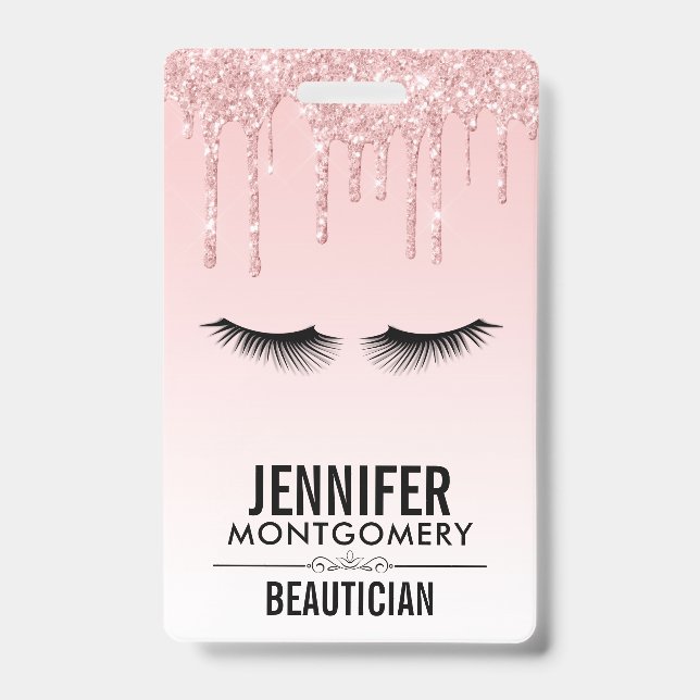 Modern Pink Glitter Drips & Black Eyelashes Badge (Front)