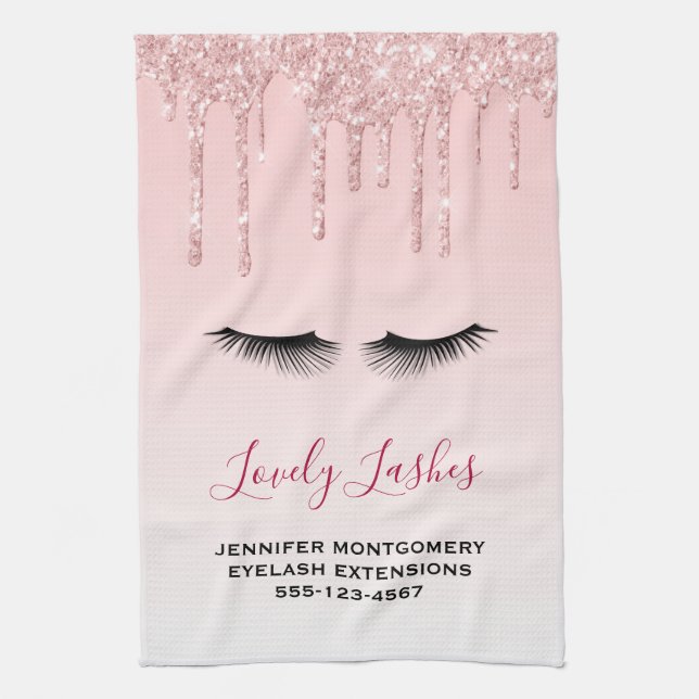 Modern Pink Glitter Drips & Black Eyelashes Biz Kitchen Towel (Vertical)
