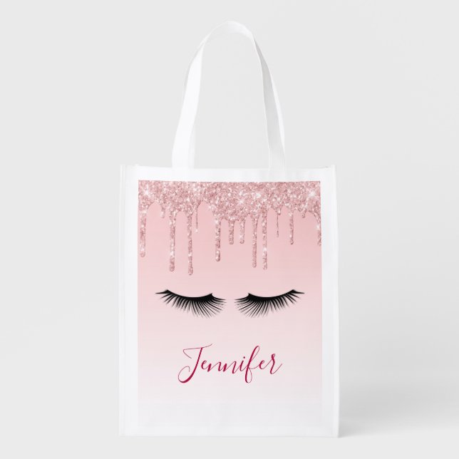 Modern Pink Glitter Drips & Black Eyelashes Grocery Bag (Front)