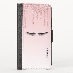 Modern Pink Glitter Drips & Black Eyelashes iPhone X Wallet Case