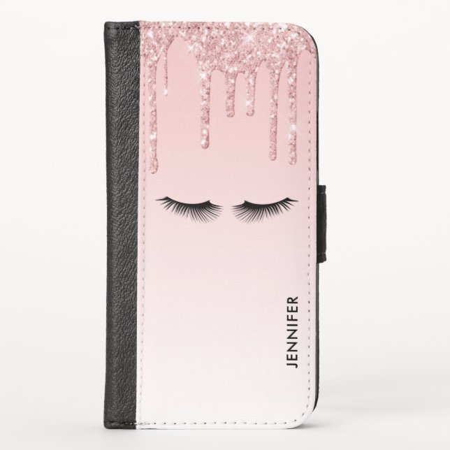 Modern Pink Glitter Drips & Black Eyelashes iPhone Wallet Case (Front)
