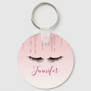 Modern Pink Glitter Drips & Black Eyelashes Keychain