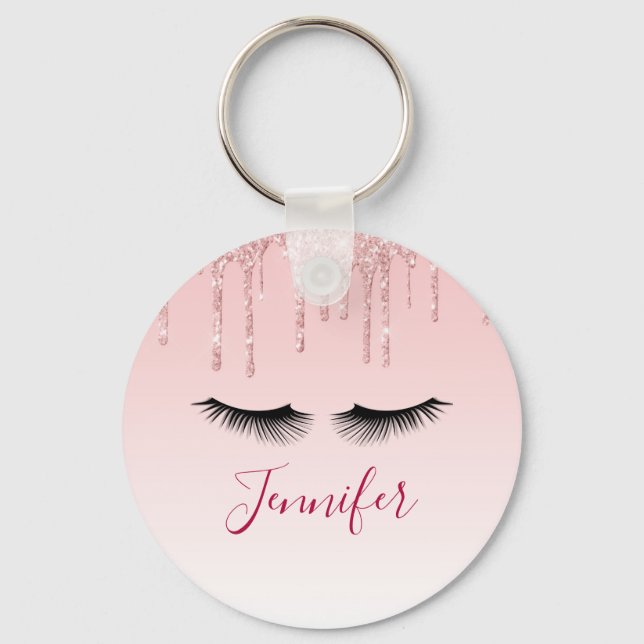 Modern Pink Glitter Drips & Black Eyelashes Keychain (Front)