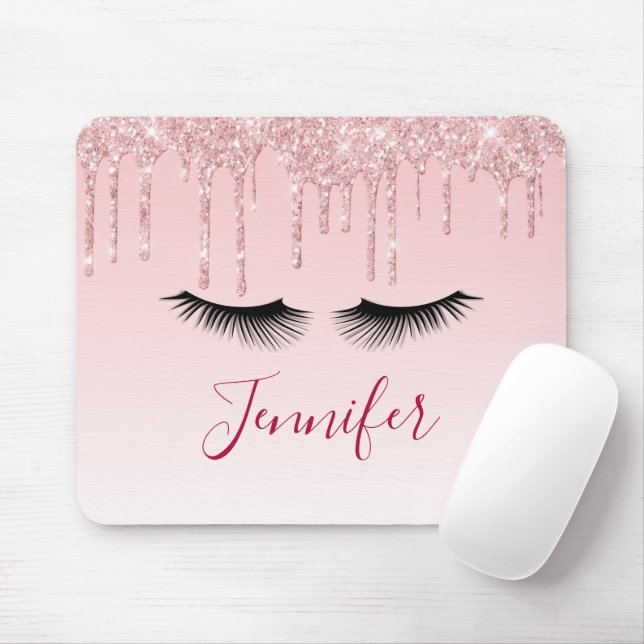 Modern Pink Glitter Drips & Black Eyelashes Mouse Pad (With Mouse)