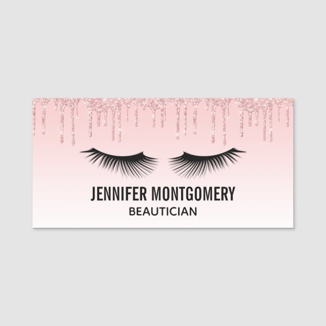 Modern Pink Glitter Drips & Black Eyelashes Name Tag (Front)