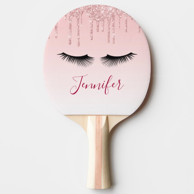 Modern Pink Glitter Drips & Black Eyelashes Ping Pong Paddle (Front)