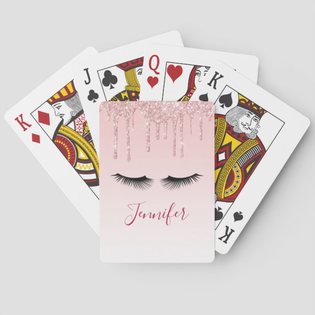 Modern Pink Glitter Drips & Black Eyelashes Poker Cards (Back)