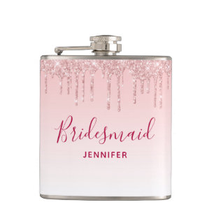 Modern Pink Glitter Drips Bridesmaid Flask