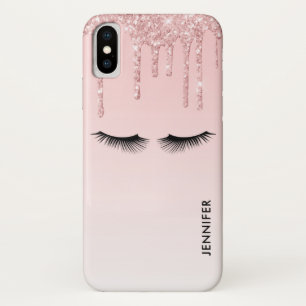 Modern Pink Glitter Drips & Eyelashes iPhone X Case