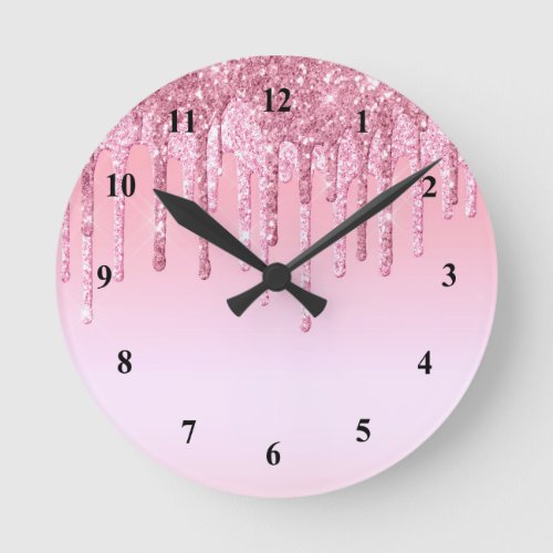 Modern Pink Glitter Drips Graphic Round Clock