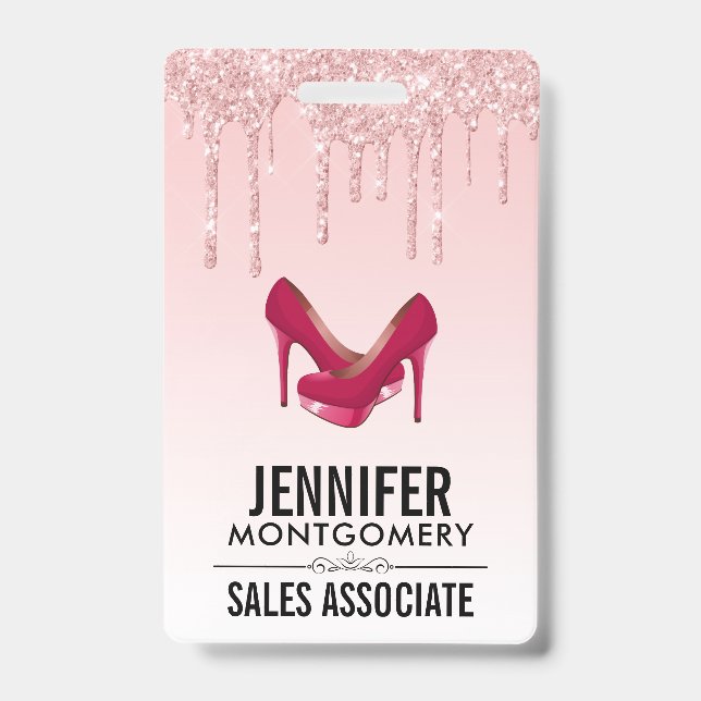 Modern Pink Glitter Drips & High Heels Badge (Front)