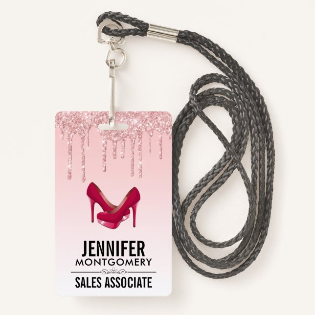 Modern Pink Glitter Drips & High Heels Badge (Front with Lanyard)