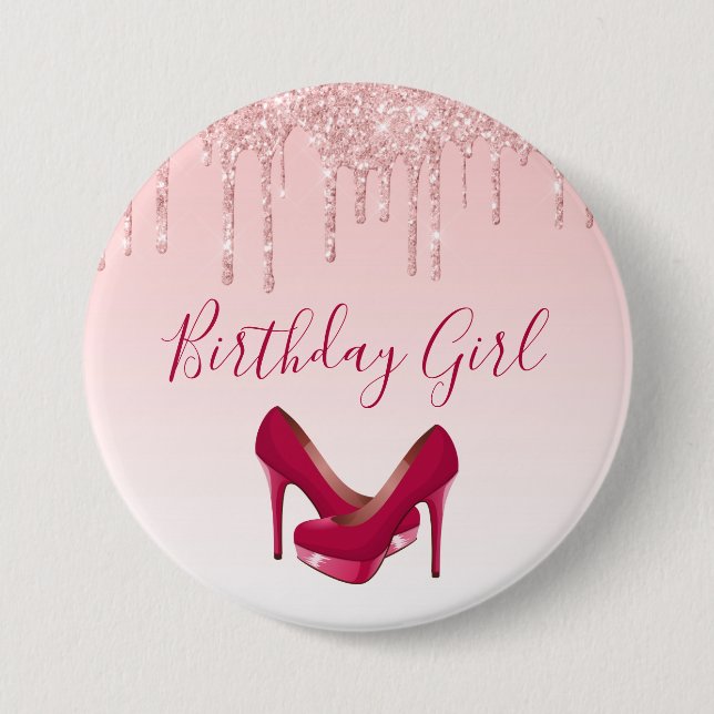 Modern Pink Glitter Drips & High Heels Birthday Button (Front)